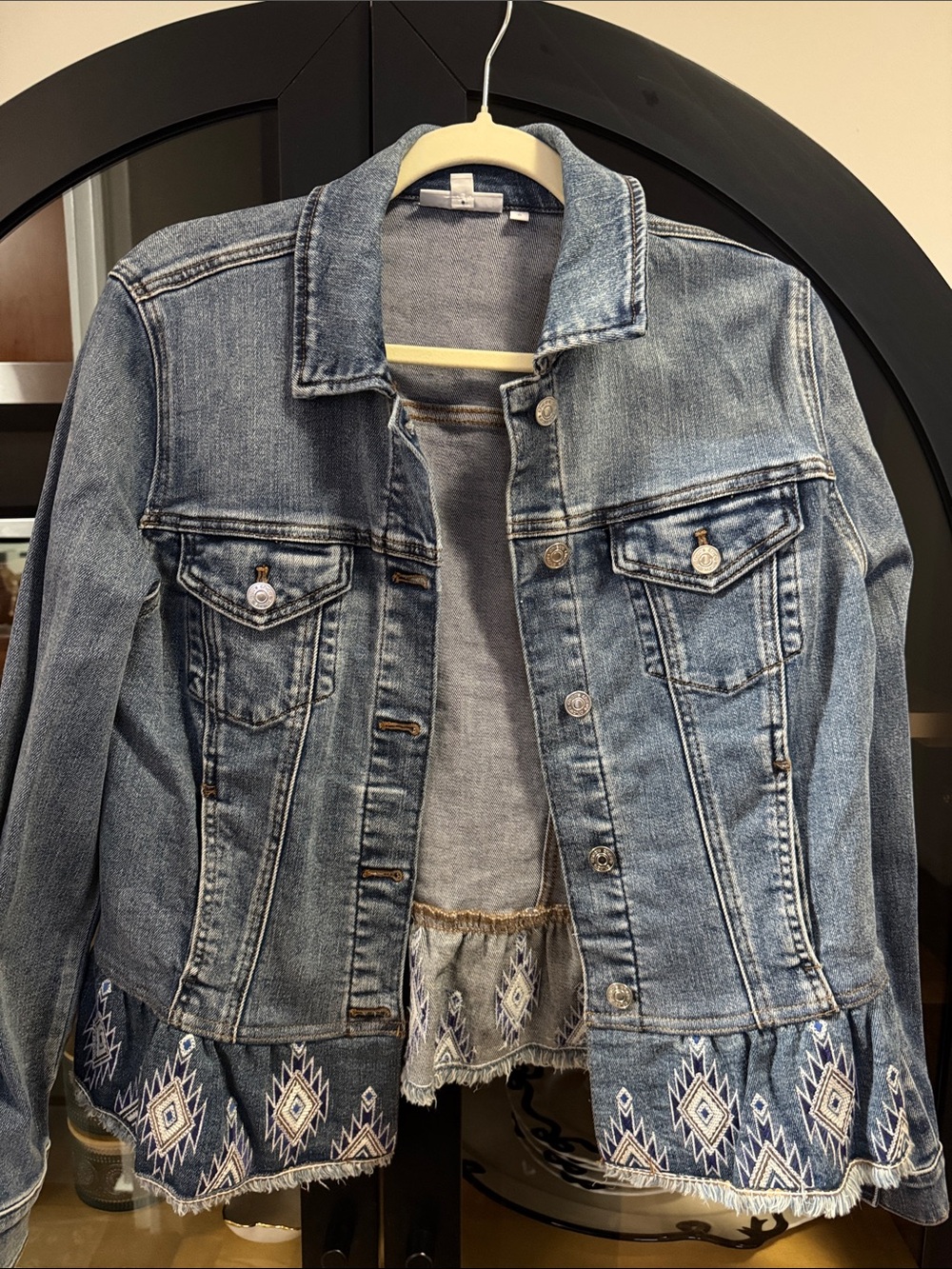 Chico's Blue Denim Jean Jacket with Embroidered Hem
